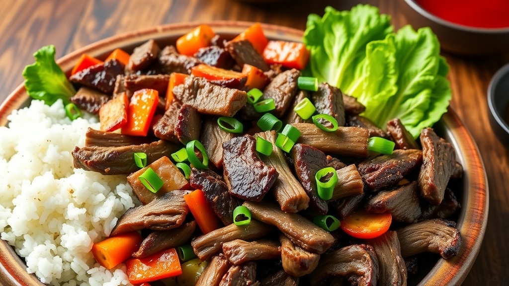 Korean Beef Bulgogi with Marinated Vegetables Platter of Beef Bulgogi with marinated beef, carrots, zucchinis, rice, and lettuce leaves.